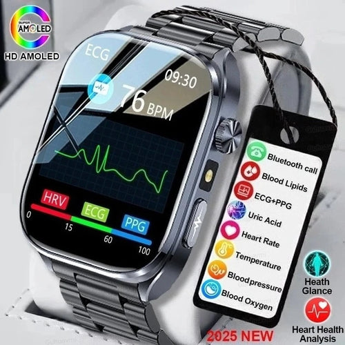 Black steel smartwatch with ECG and heart-rate display on a metal link strap