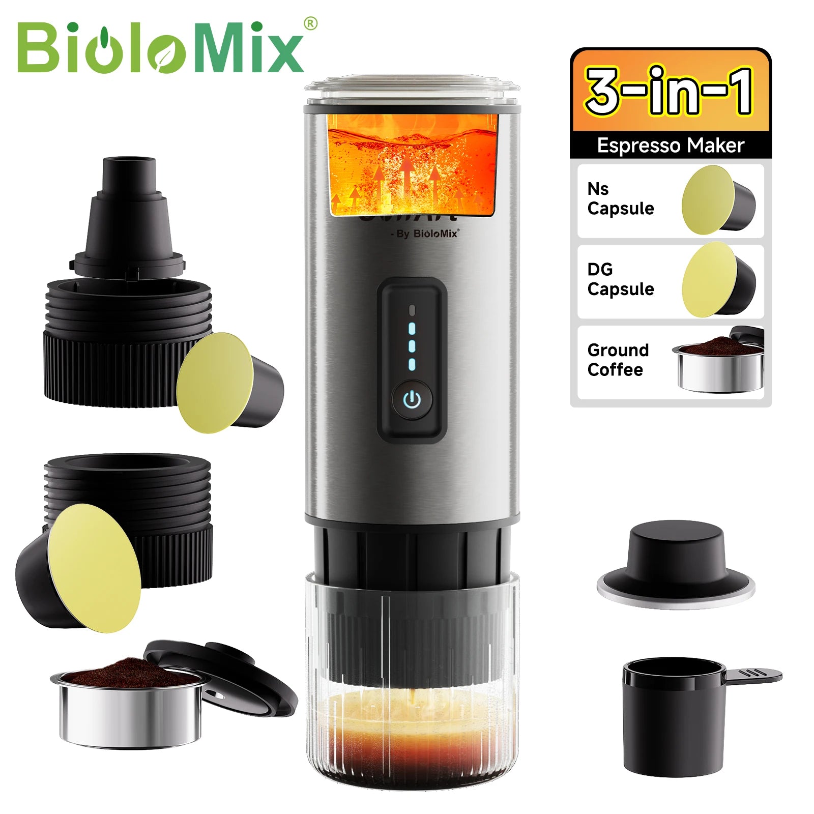 BioloMix 3-in-1 portable espresso maker in stainless steel, compatible with Nespresso, Dolce Gusto, and ground coffee.