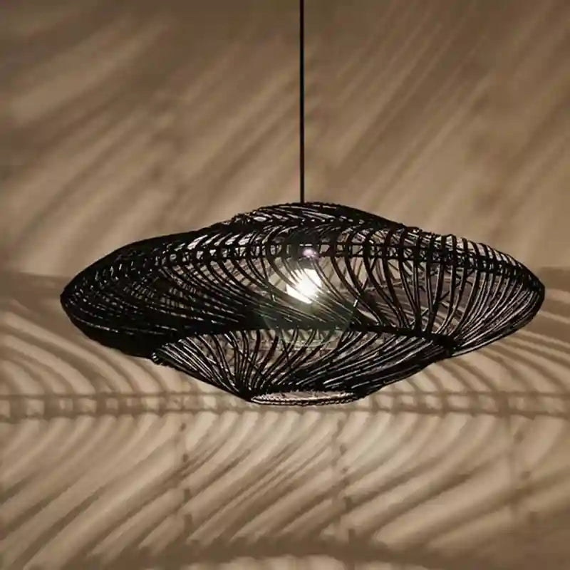Wabi Sabi Rattan Pendant Light: Adjustable LED Bamboo Ring Light Black Tidesmit