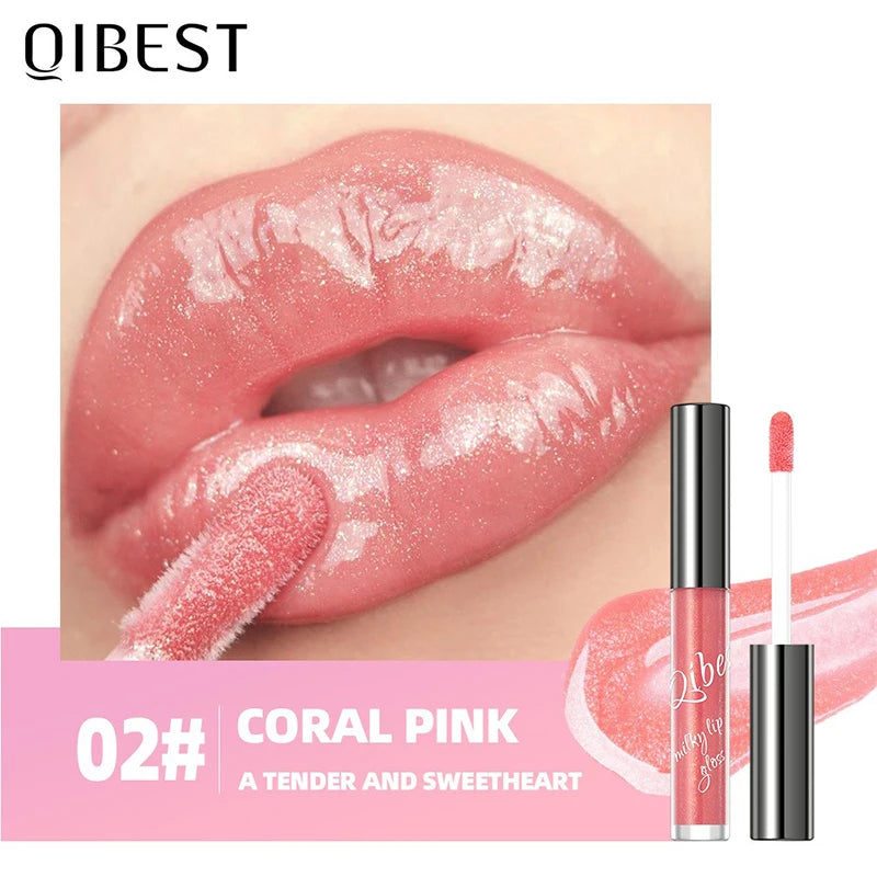 Coral pink moisturizing lip gloss with gold sparkle for a glassy jelly shine, shown on lips with an applicator wand.