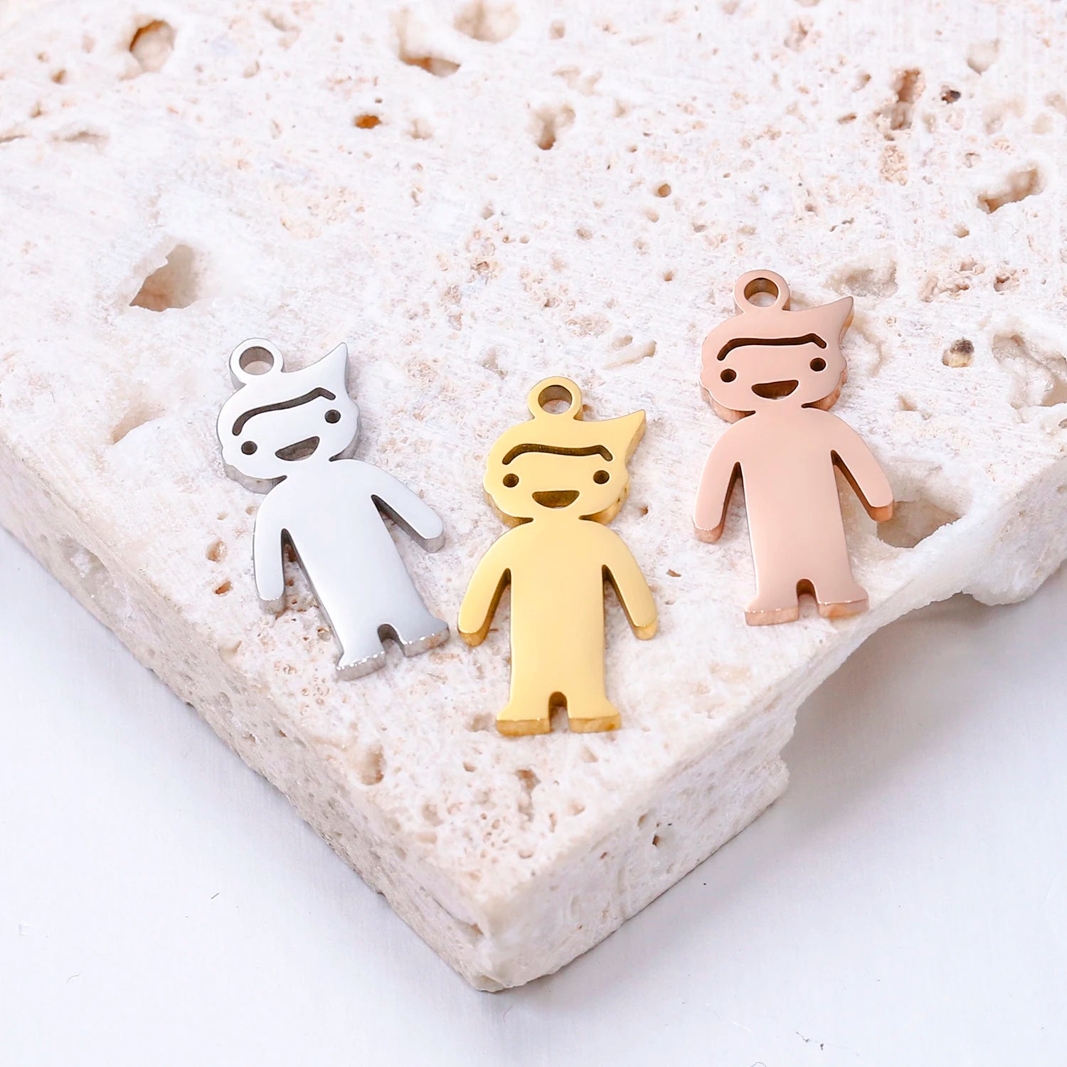 Silver, gold, and rose gold stainless steel boy charms for DIY pet jewelry, necklaces, and bracelet making.