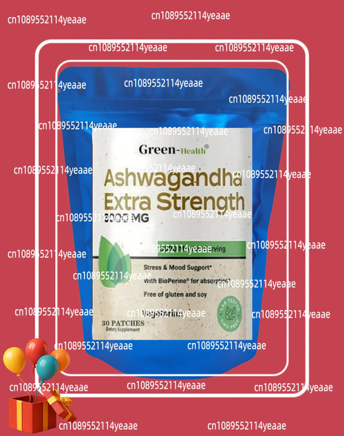 Blue pouch of 30 Ashwagandha patches for adaptogen stress relief and mood support. Extra strength supplement.