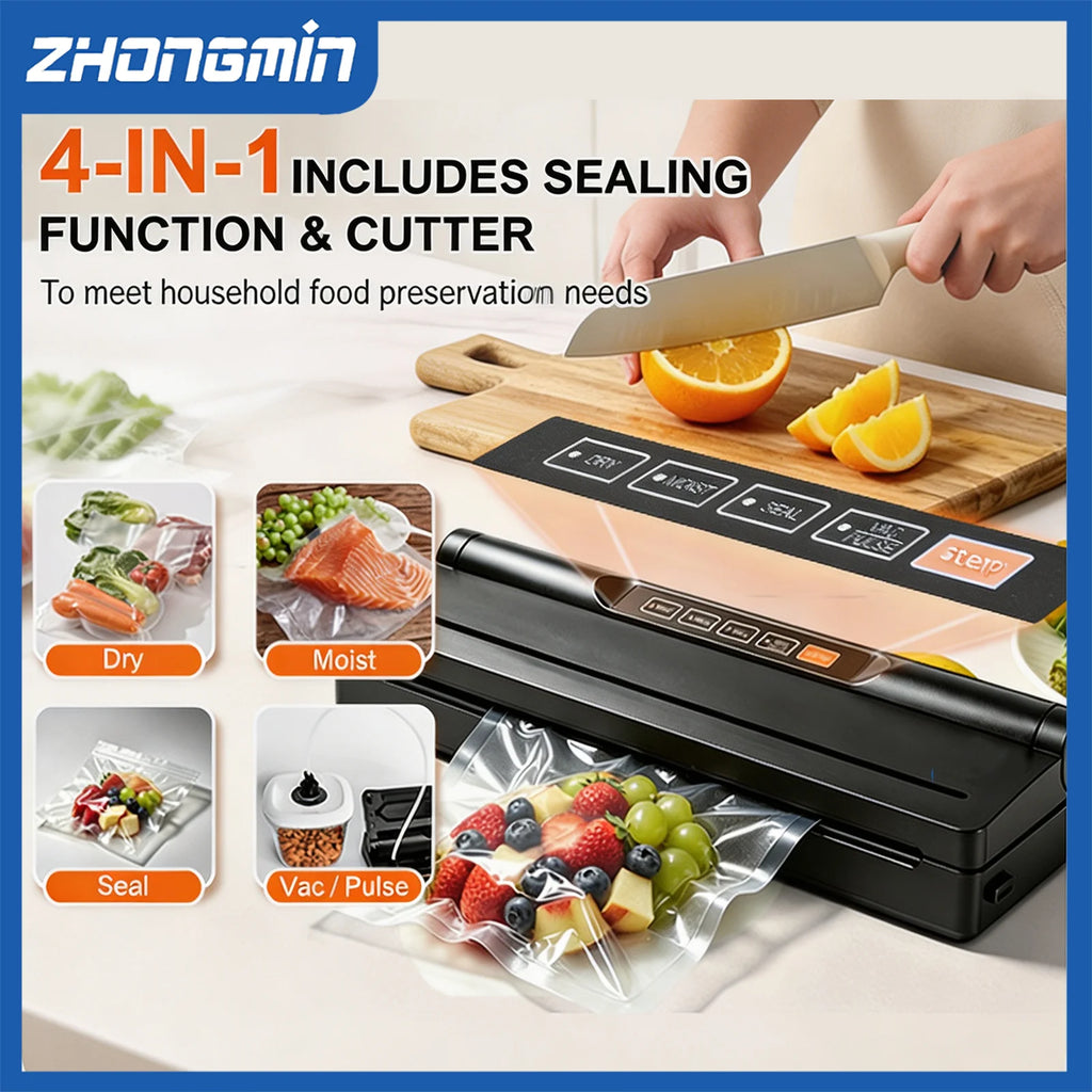 ZHONGMIN Vacuum Sealer Machine, 4-in-1 Food Saver with Built-in Cutter & Roll Storage, -60kPa Strong Suction, Dry/Moist/Pulse Se