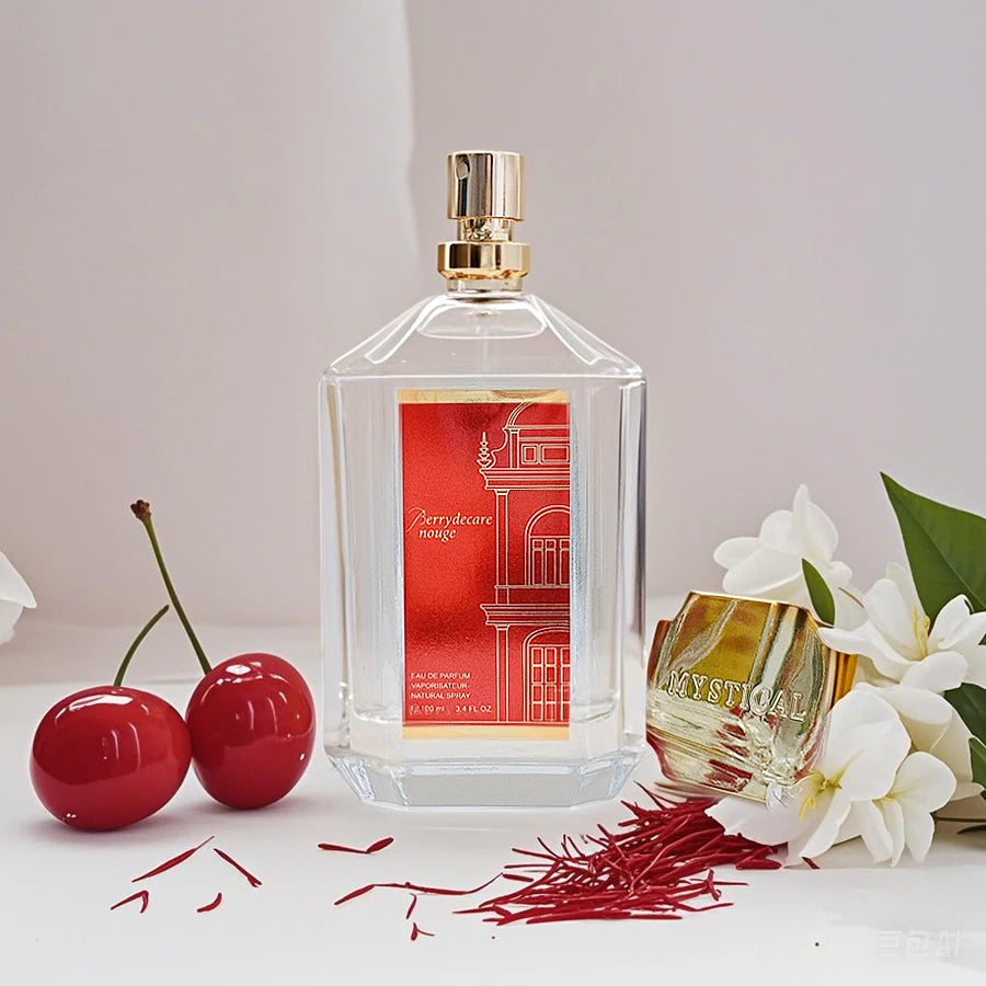 Berrydecare Rouge 100ml Eau de Parfum for women. Oriental woody saffron scent in a hexagonal glass bottle spray.
