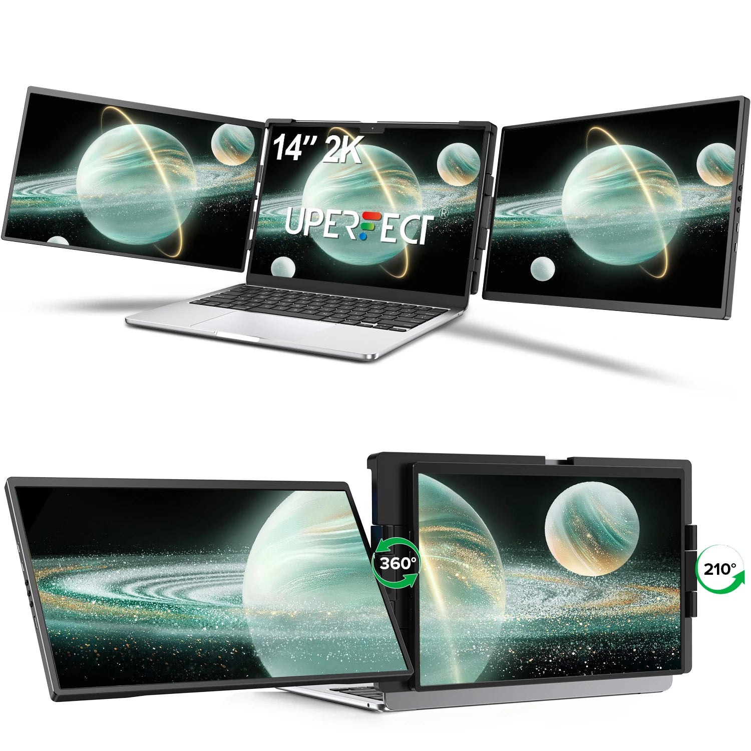 UPERFECT 14" 2K Triple Portable Monitor with 360° Rotation Stand 2240x1400 QHD IPS Laptop Screen Extender for Windows Chrome Mac