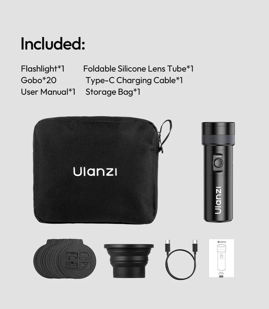 Black photography flashlight kit with 20 gobos, foldable silicone lens tube, charging cable, and storage bag.