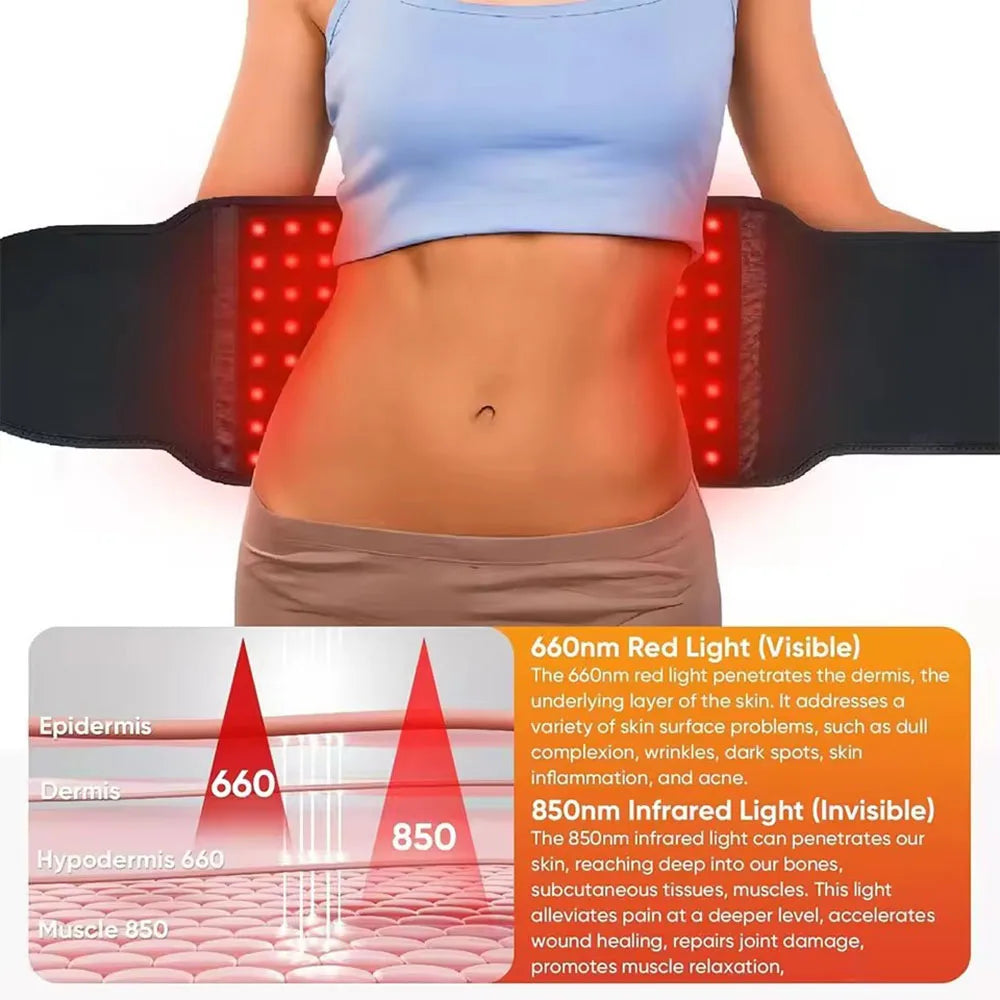 Red light therapy belt wrap with 660nm and 850nm wavelengths for waist and back pain relief, worn around the torso.