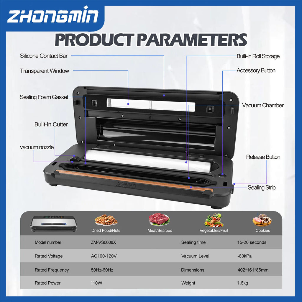 ZHONGMIN Multifunctional Vacuum Sealer Machine 110V Automatic Food Sealer with Built-in Cutter 5mm Dual Sealing Strong Suction