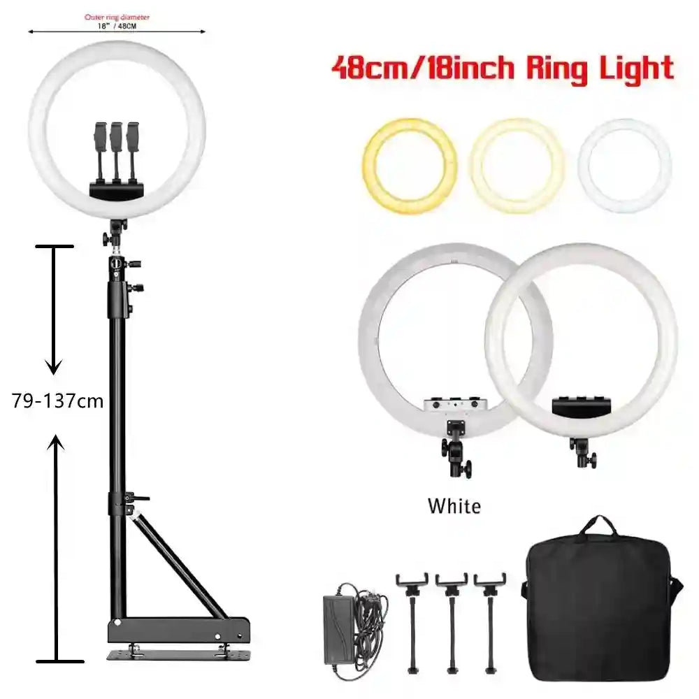 18-inch LED ring light with adjustable desk mount, three phone holders, power adapter, and carrying case.