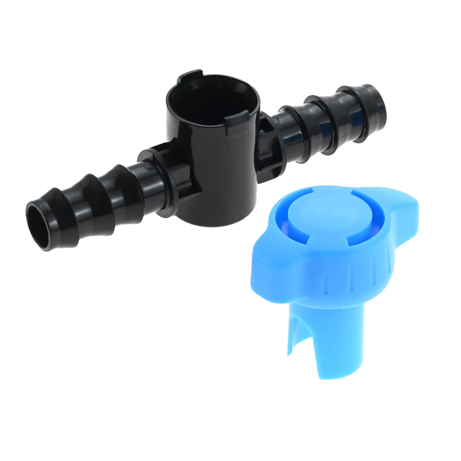 Blue handle with black plastic body and barbed inlet/outlet for drip irrigation shut off