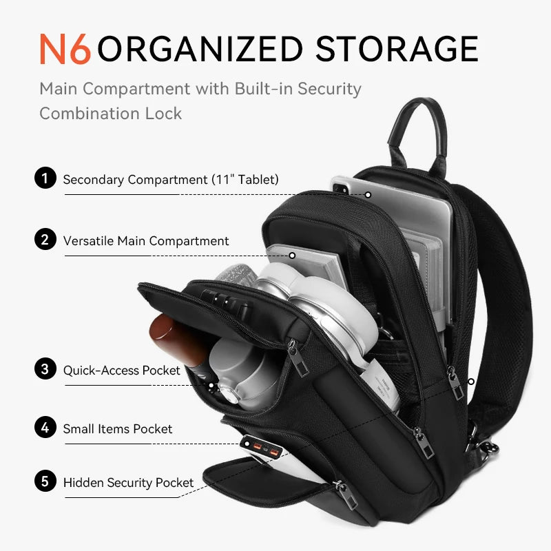 ReeYee N6 6L Sling Chest Bag, Combination Lock Security Crossbody Pack, Unique Design with Smart Organization Compartments