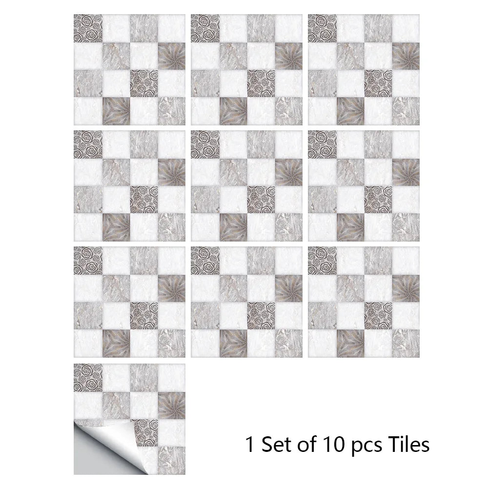 White and gray marble checker mosaic tile wall sticker set, 10 pieces