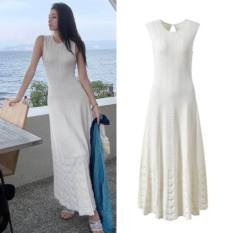 CHUJIE 2025 Summer 3-Piece French Style Set - Knit Maxi Dress + Sleeveless Top + Cover-Up, Pearl & Hollow Out, Viscose+Nylon