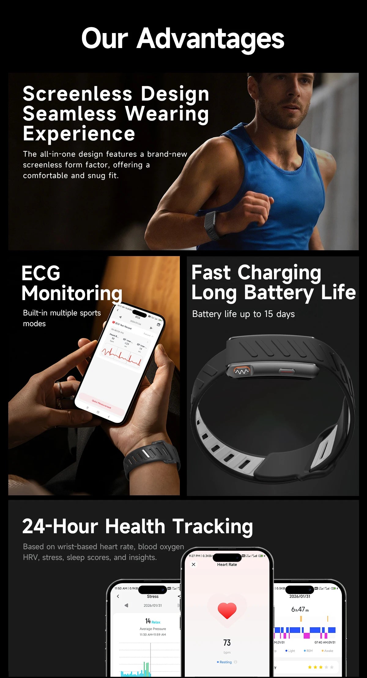 2026New Sport Fitness Tracker Smart Band Blood Oxygen Pressure Uric Acid Blood Lipid ECG Waterproof Smart Bracelet For Men Women