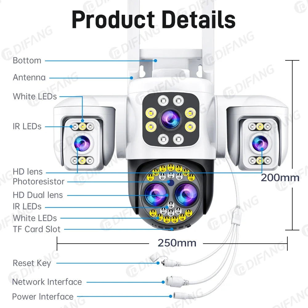 Yoosee Outdoor Camera Triple Screen Quad Lens 10X Optical Zoom AI Auto Tracking ONVIF Waterproof Yoosee CCTV Security Protection