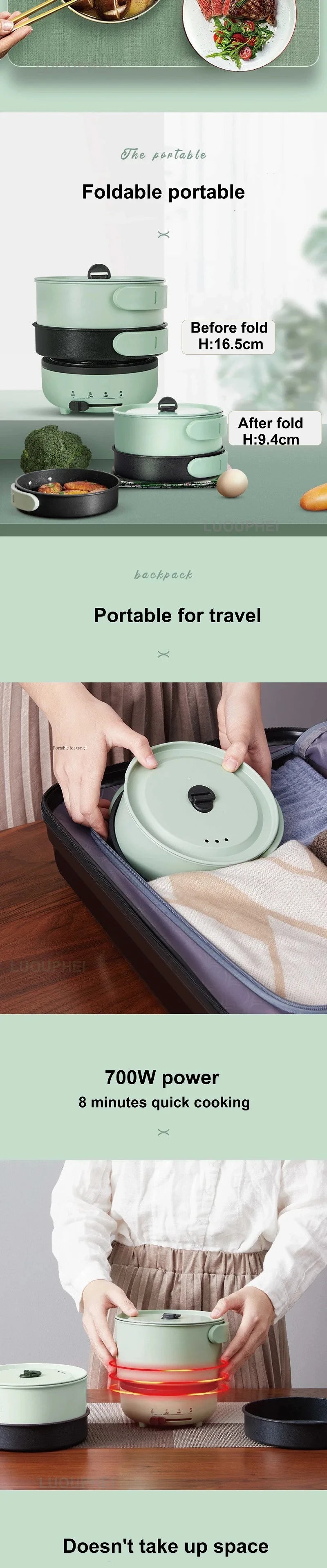 Folding green electric cooking pot packed for travel on a bed with base