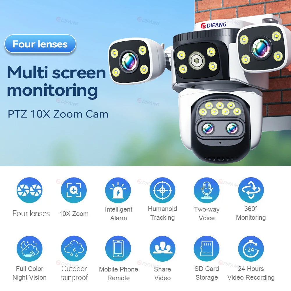 10K Outdoor 10X Optics Zoom WiFi6 Camera 20MP Three screen Four Len PTZ Automatic Tracking 6K Dual Lens Waterproof Security CCTV