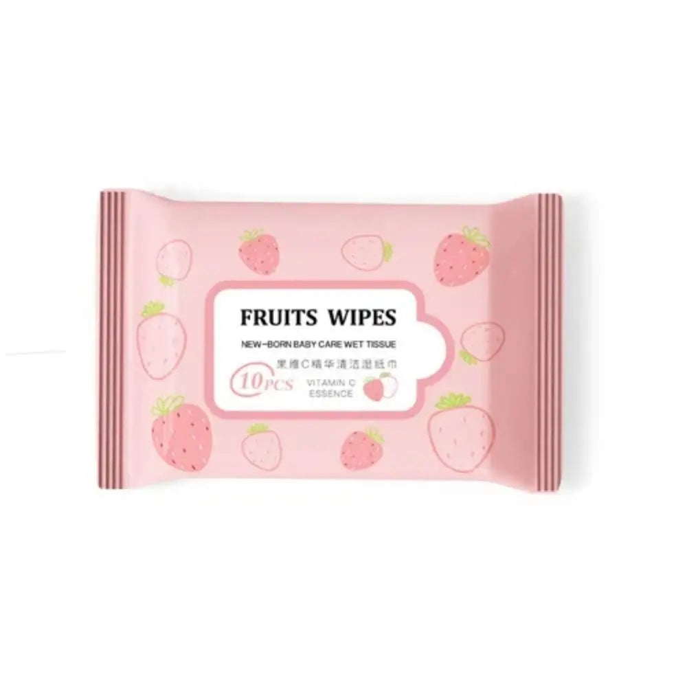 Strawberry design baby care wet wipes, 10-count pack, newborn skin-friendly formula with Vitamin C essence.