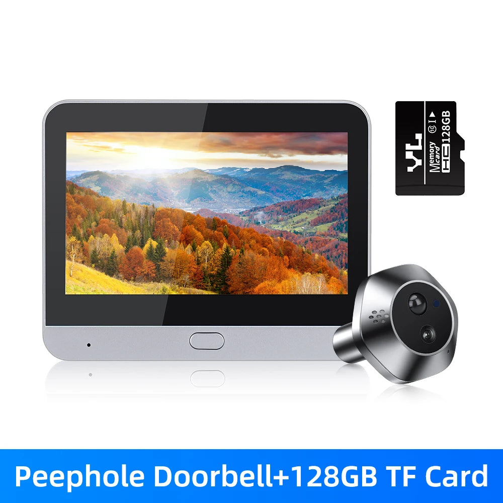 Peephole doorbell with screen and silver camera, with 128GB TF card