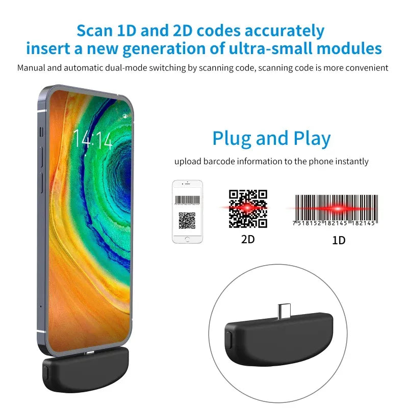 Black 2D barcode scanner dock attached to a phone for quick plug-and-play scanning