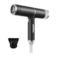 Black leafless negative ion hair dryer with nozzle attachment, intelligent temp controls, and quiet, quick-dry design.