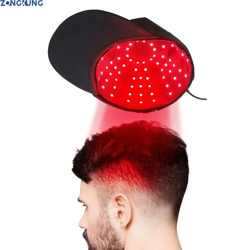 Red light therapy hat device for hair growth, featuring LED cap design for scalp wellness and hair restoration therapy.