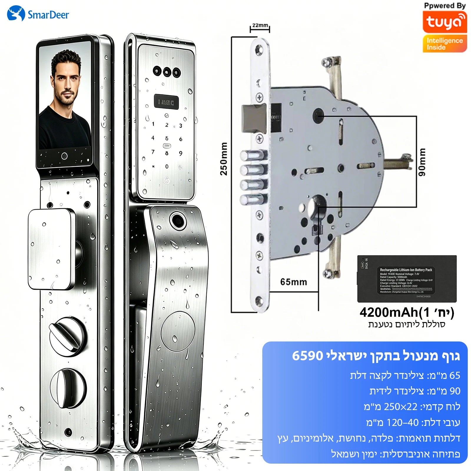 SmarDeer IP66 Waterproof Smart Lock,3D Facial Recognition Fingerprint Door Lock,Tuya Electronic Door Lock for Israel Standard