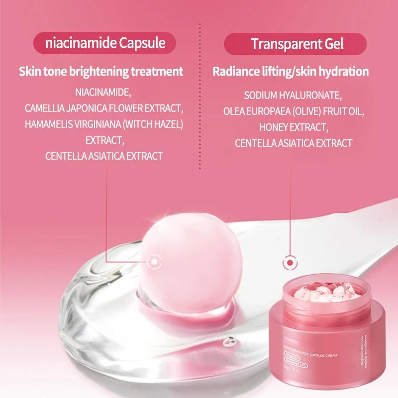 Pink capsule cream in a jar with a scoop showing a pink sphere inside a clear gel texture, with ingredient text.