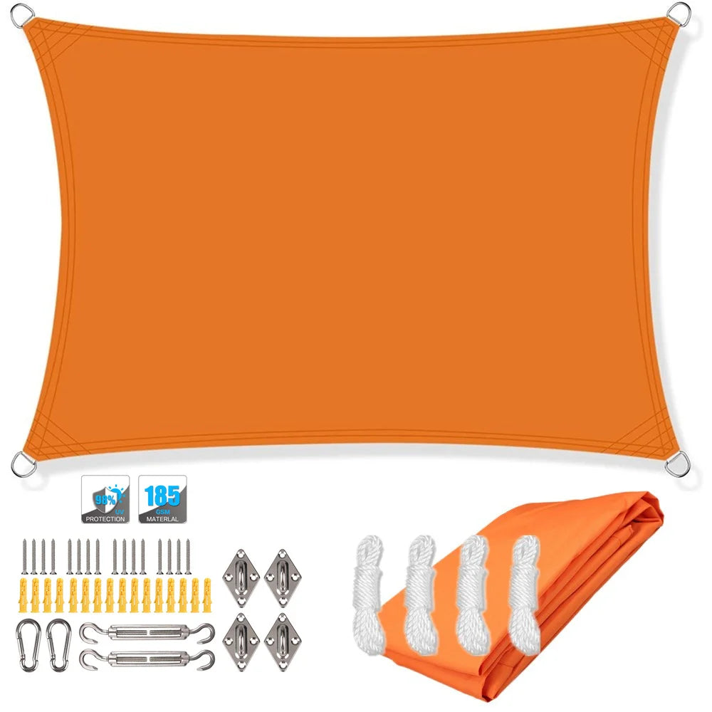 Orange rectangle sun shade sail canopy with corner grommets and included mounting hardware kit.