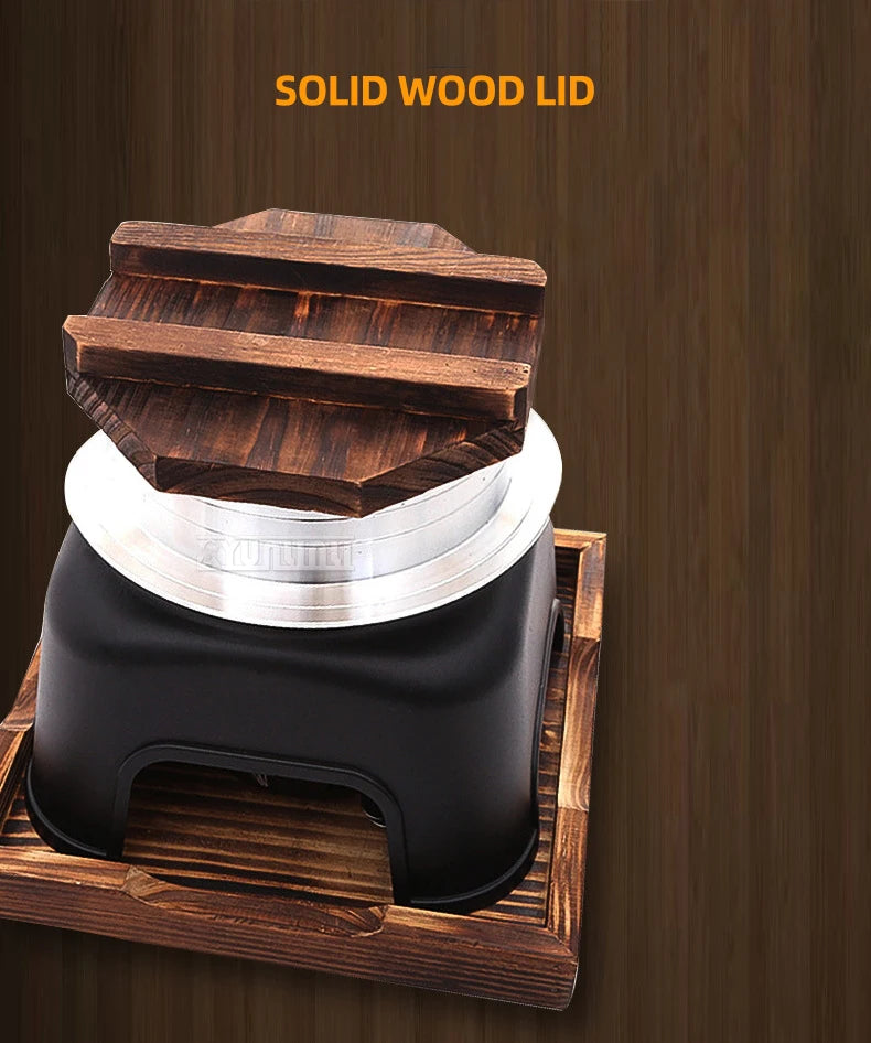 Portable smart multi-cooker with black base and solid wood lid on top