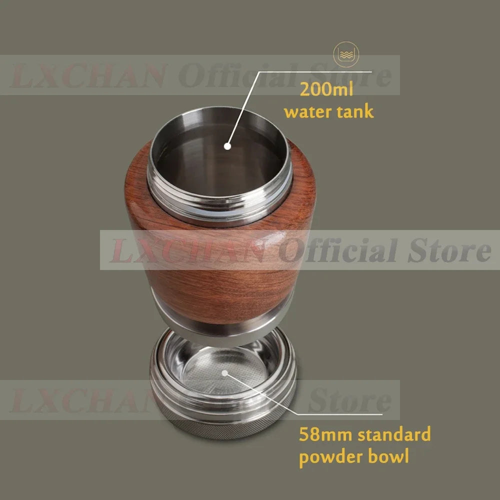 LXCHAN portable coffee maker with wood finish, 200ml stainless steel water tank and 58mm espresso powder bowl.