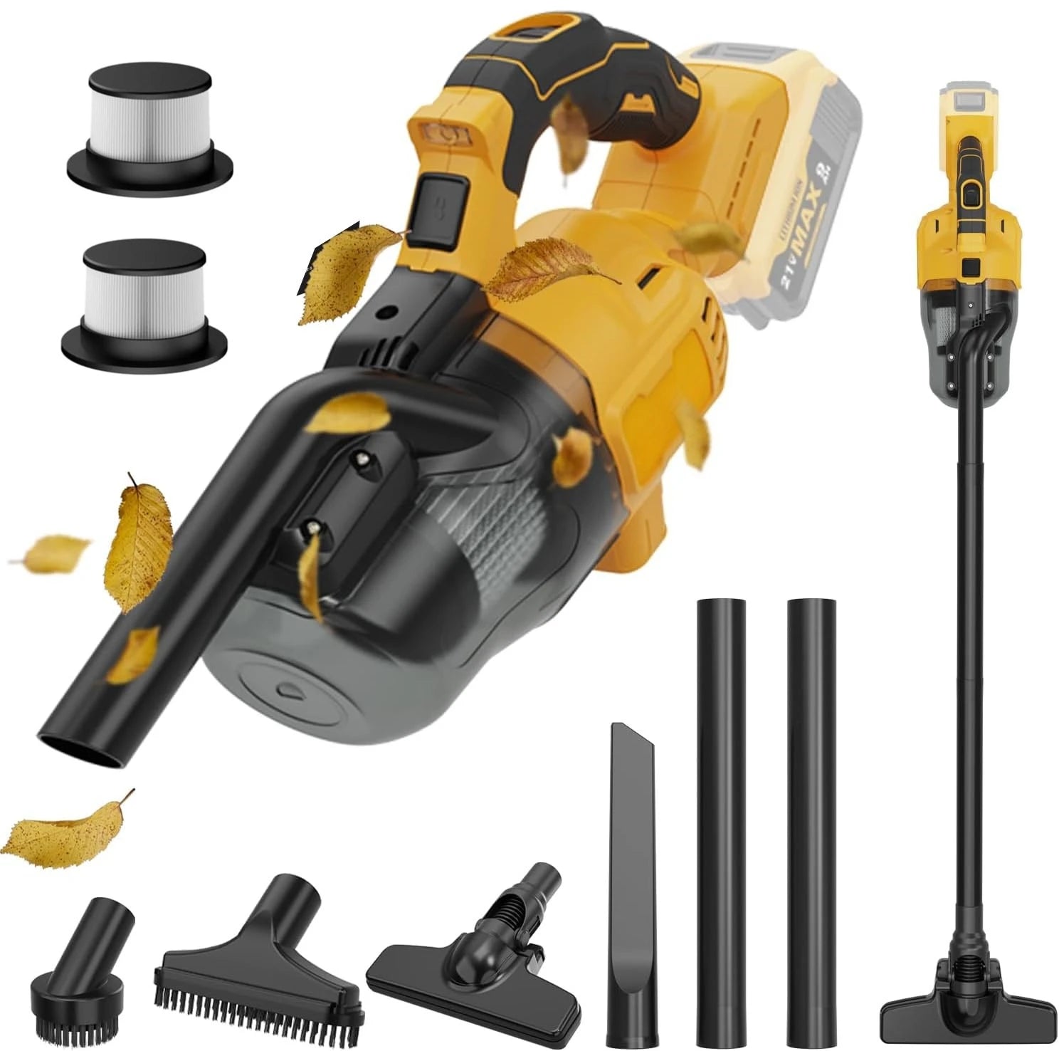 Cordless yellow handheld vacuum for pet hair, compatible with DeWalt 20V battery, includes 2 filters and attachments.