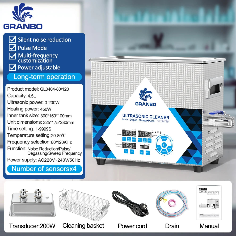 Tidesmit 4.5L ultrasonic cleaner with 200W multi-frequency 40-200KHz stainless steel tank for lab and food cleaning