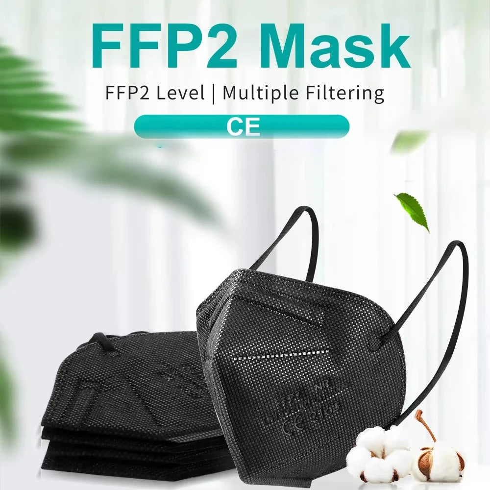 Black FFP2 KN95 face masks with a textured, 5-layer protective design and black ear loops for adult safety.