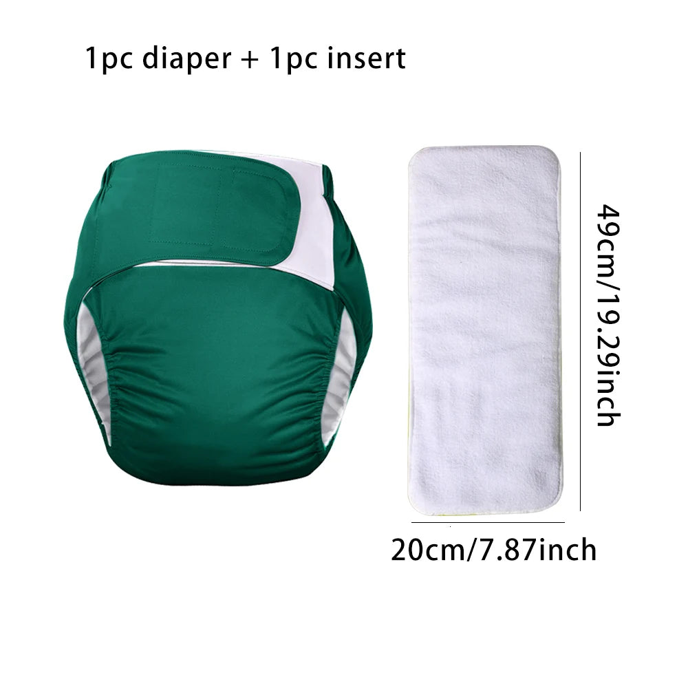 Green reusable cloth diaper with 1 absorbent insert, 20x49cm. Eco-friendly baby care diapering essential.
