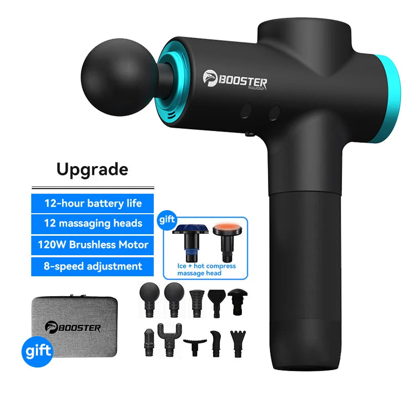 Black handheld massage gun with teal accents, including a carrying case and 12 interchangeable therapy heads.