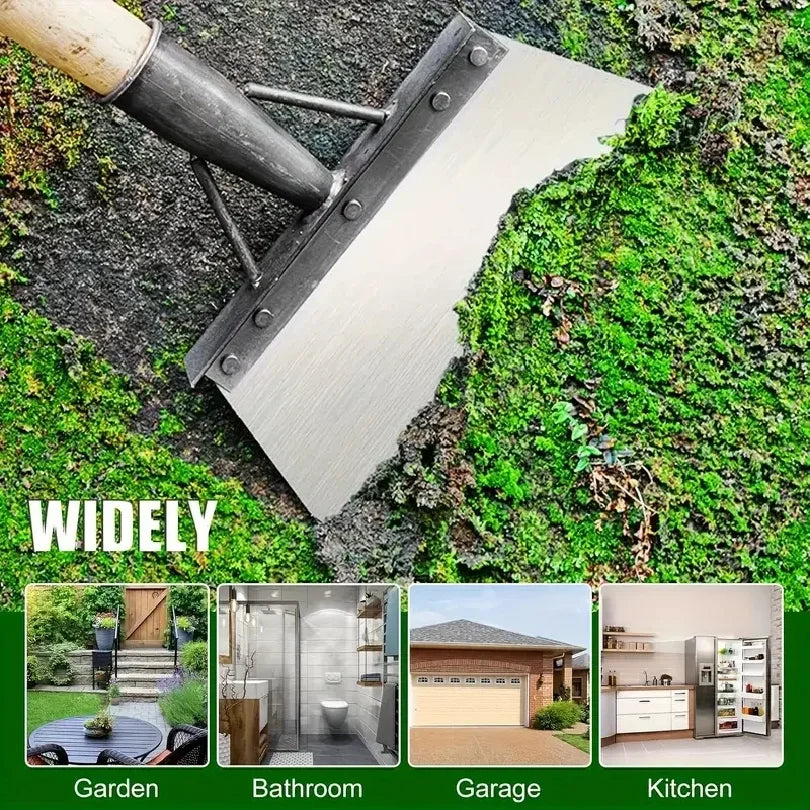 Metal weeding shovel with silver blade and wood handle, clearing moss and weeds along pavement