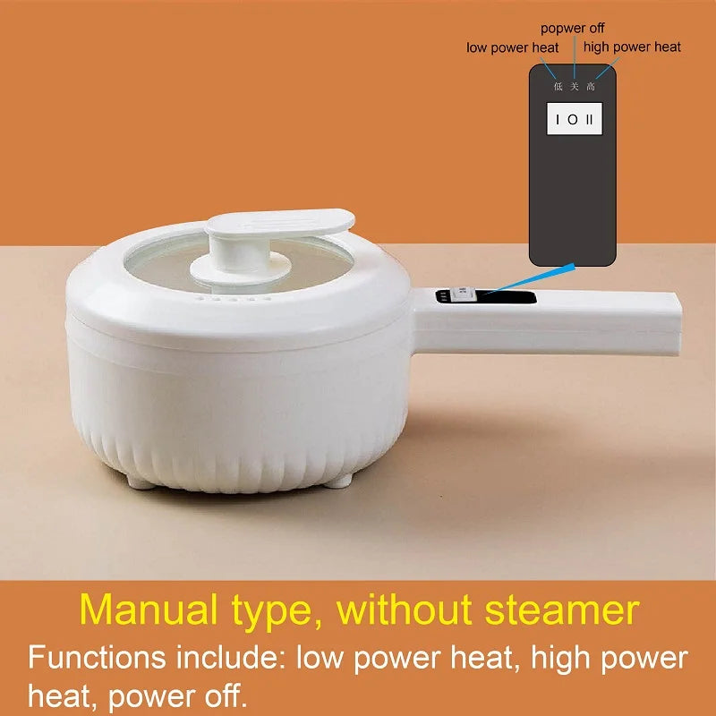 Electric cooking pot without steamer; control panel shows low/high heat and power off