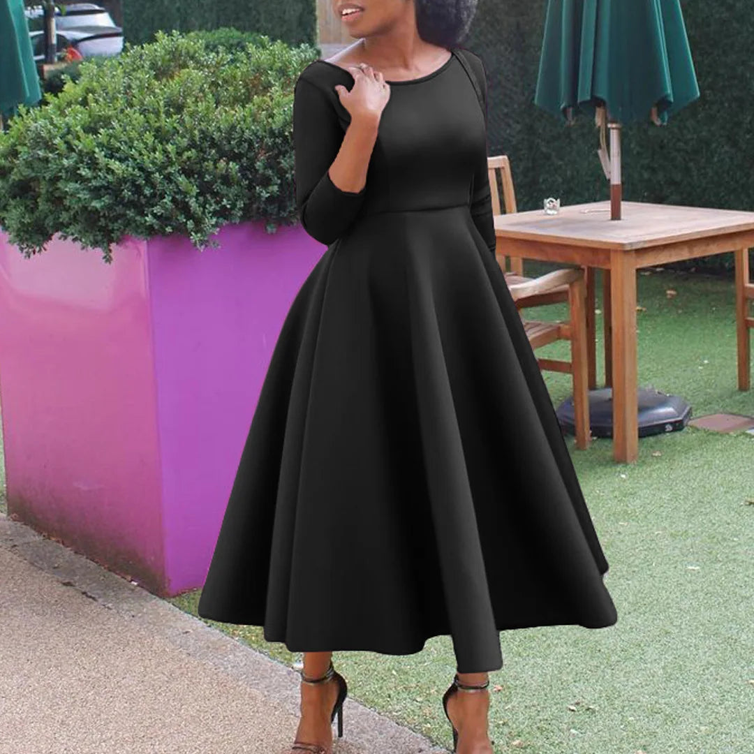 Elegant Pure Color Maxi Dress Evening Gown A- Line Skirt Polyester Fabric round Neck Short Sleeve High Waist Midi Dress