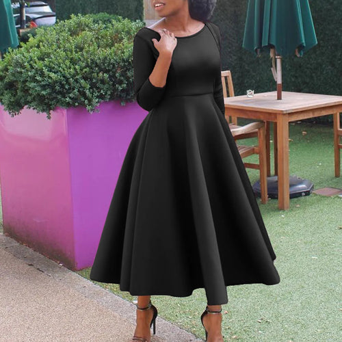 Elegant Pure Color Maxi Dress Evening Gown A- Line Skirt Polyester Fabric round Neck Short Sleeve High Waist Midi Dress