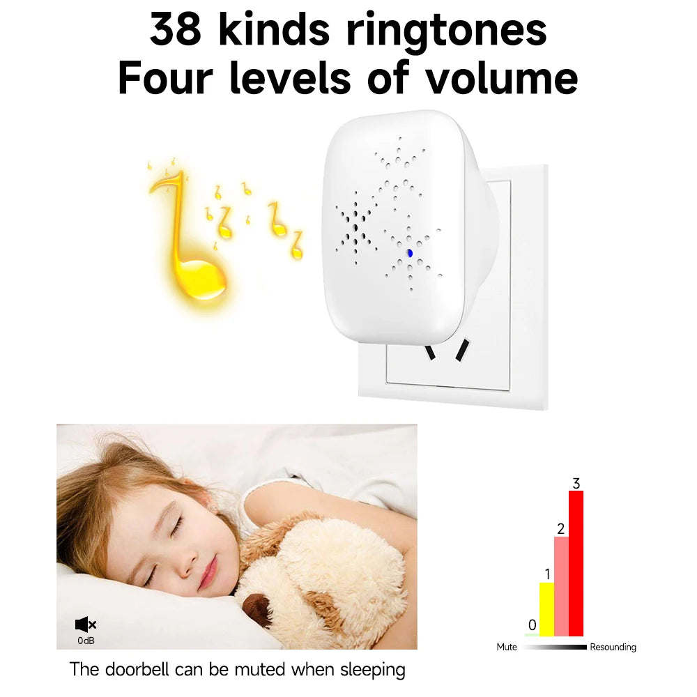 Wireless Doorbell 38-Chime 90db  Self-Generating Power Waterproof Remote Modern Design Kinetic Energy Door Bell EU US UK Plug