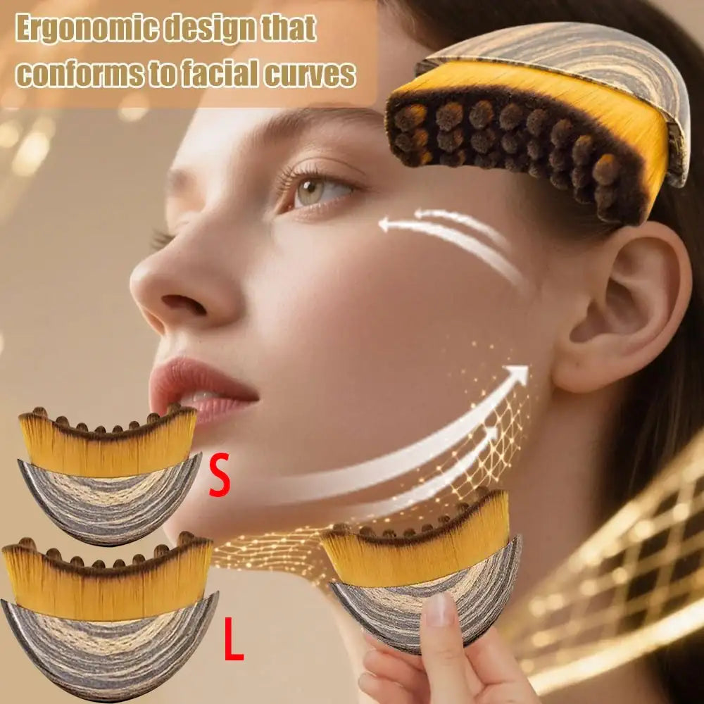 Curved, ergonomic lymphatic massage brushes with brown-and-black faux wood handles and golden-brown bristles in S and L.