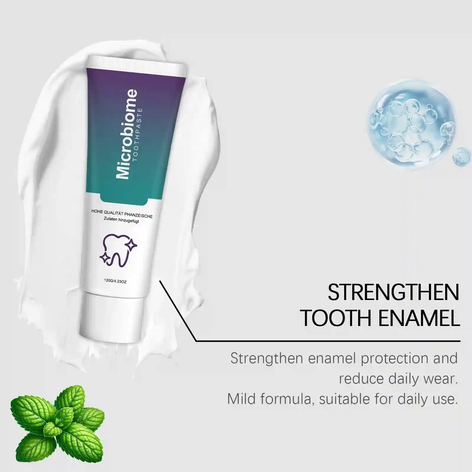 Tidesmit mint teeth whitening toothpaste tube for plaque removal, stain cleansing, and fresh breath.