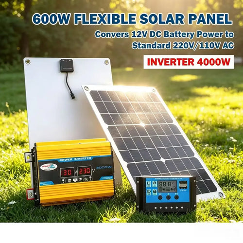 Solar kit with flexible panels, a yellow 4000W inverter with digital display, and a blue MPPT controller in the grass.