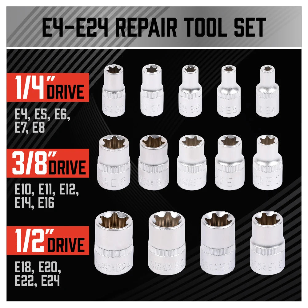 SEDY 14PCS Female E Star Torx Socket Set E4-E24 E-Torx External Hex Socket Insert Nut