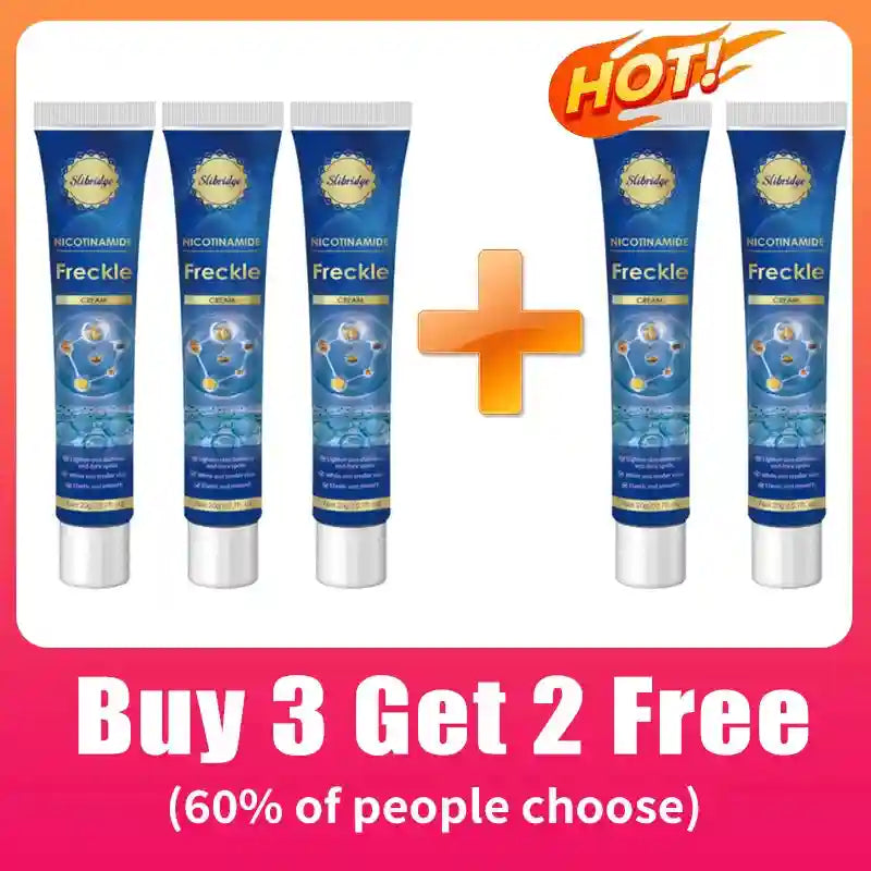Five blue tubes of Slibridge Nicotinamide Freckle Cream with a "Hot" sticker and a "Buy 3 Get 2 Free" promotion.