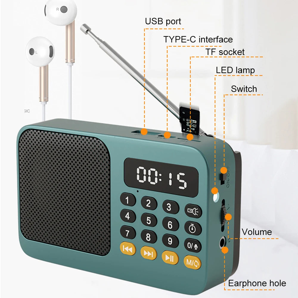 Bluetooth 5.0 FM Radio Portable Speaker with LED Light Support Recording TF Card USB Play Wireless Speaker Radio FM Receiver