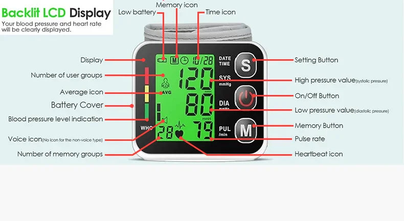 Wrist Digital Blood Pressure Monitor Heart Rate Pulse Meter Measure Sphygmomanometer LCD Screen Portable Health Care Tonometer
