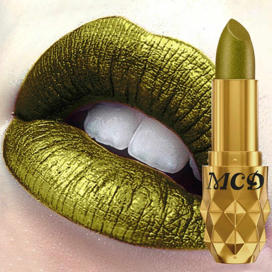 Bold metallic green lipstick with a pearlescent glitter finish, shown on lips with a gold textured tube.