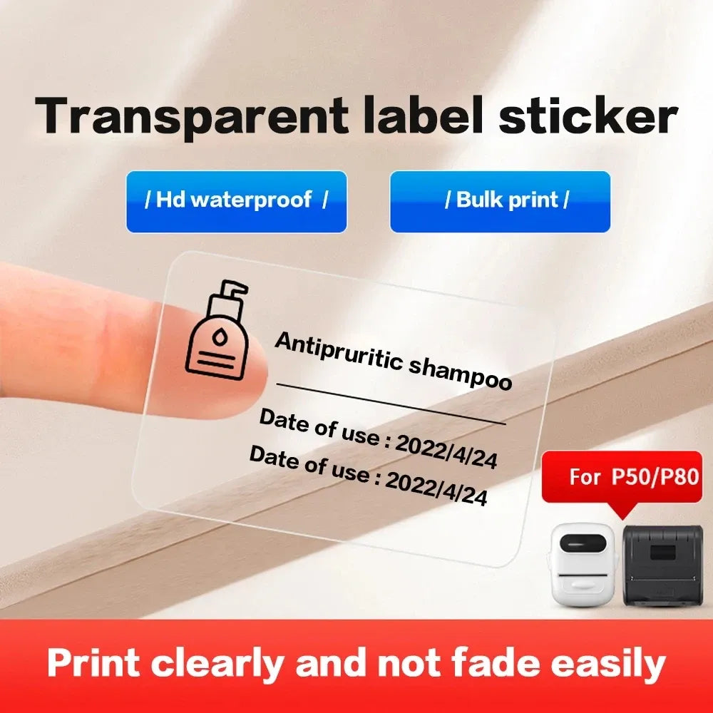 Transparent label sticker close-up with waterproof text and P50/P80 tag